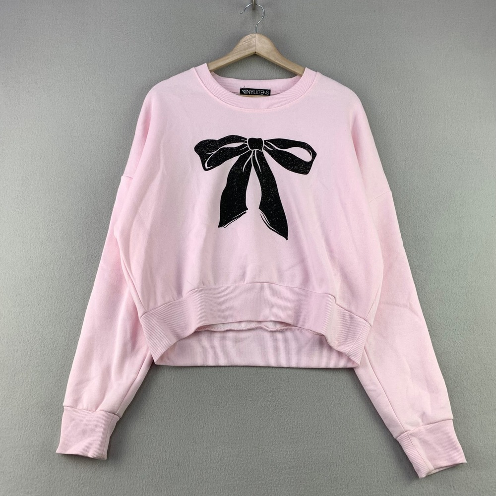 Vinyl Icons Bow Graphic Sweatshirt Women L Pink Coquette Cropped Pullover Fleece